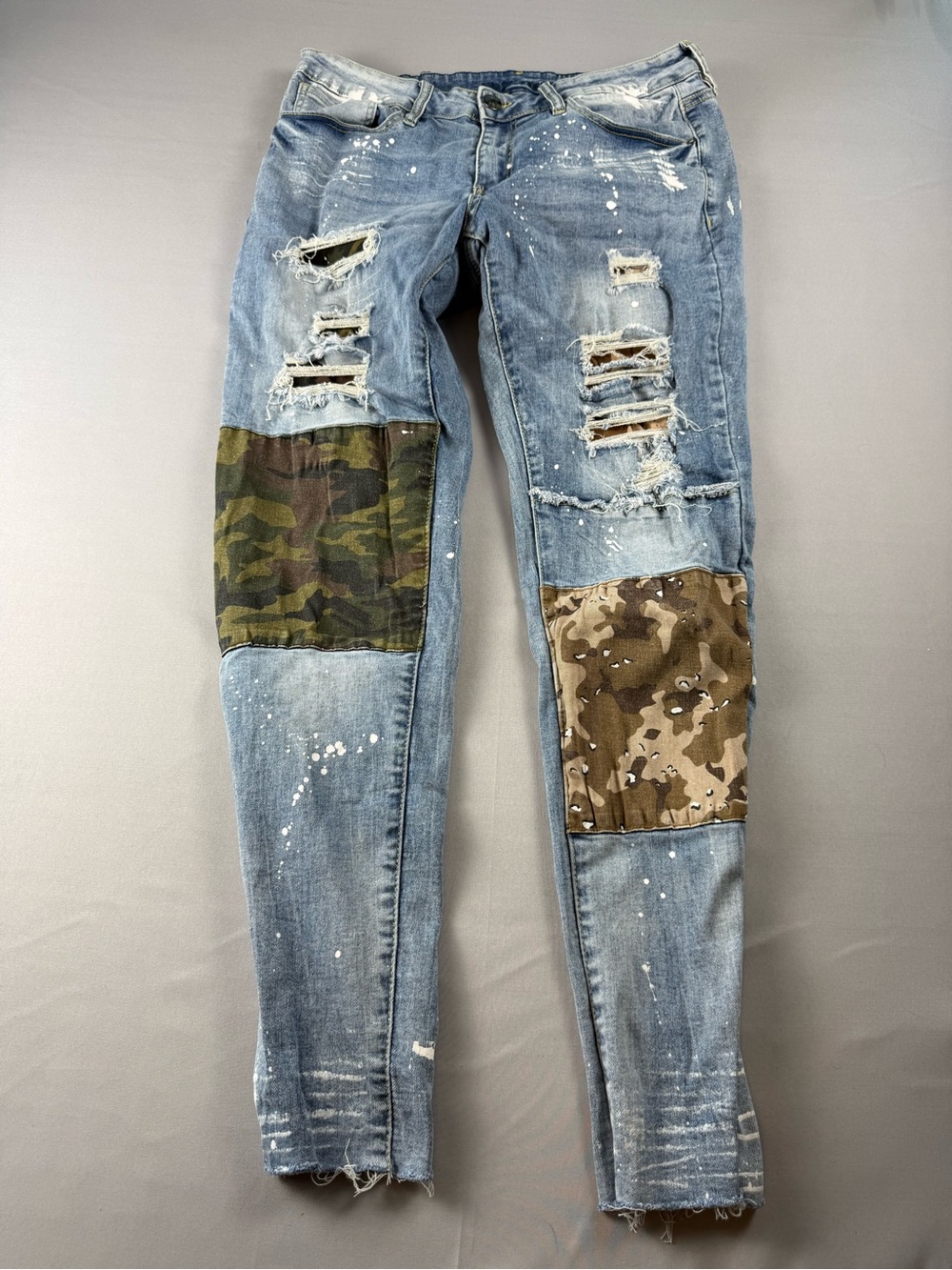 Camo Patch Distressed Skinny Jeans Paint Splatter Moto Punk Grunge 34